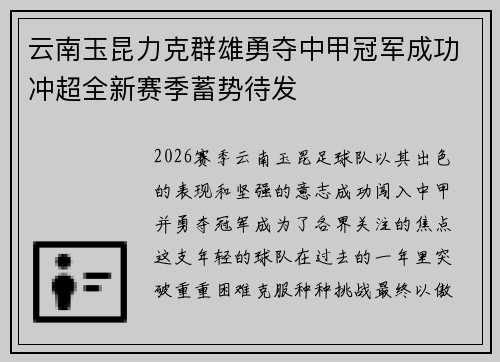 云南玉昆力克群雄勇夺中甲冠军成功冲超全新赛季蓄势待发